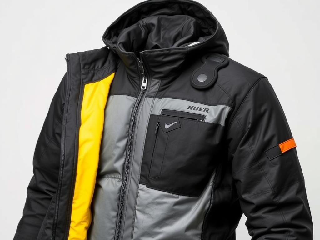 Detail zimní moto bundy s viditelnou izolační vrstvou a membránou