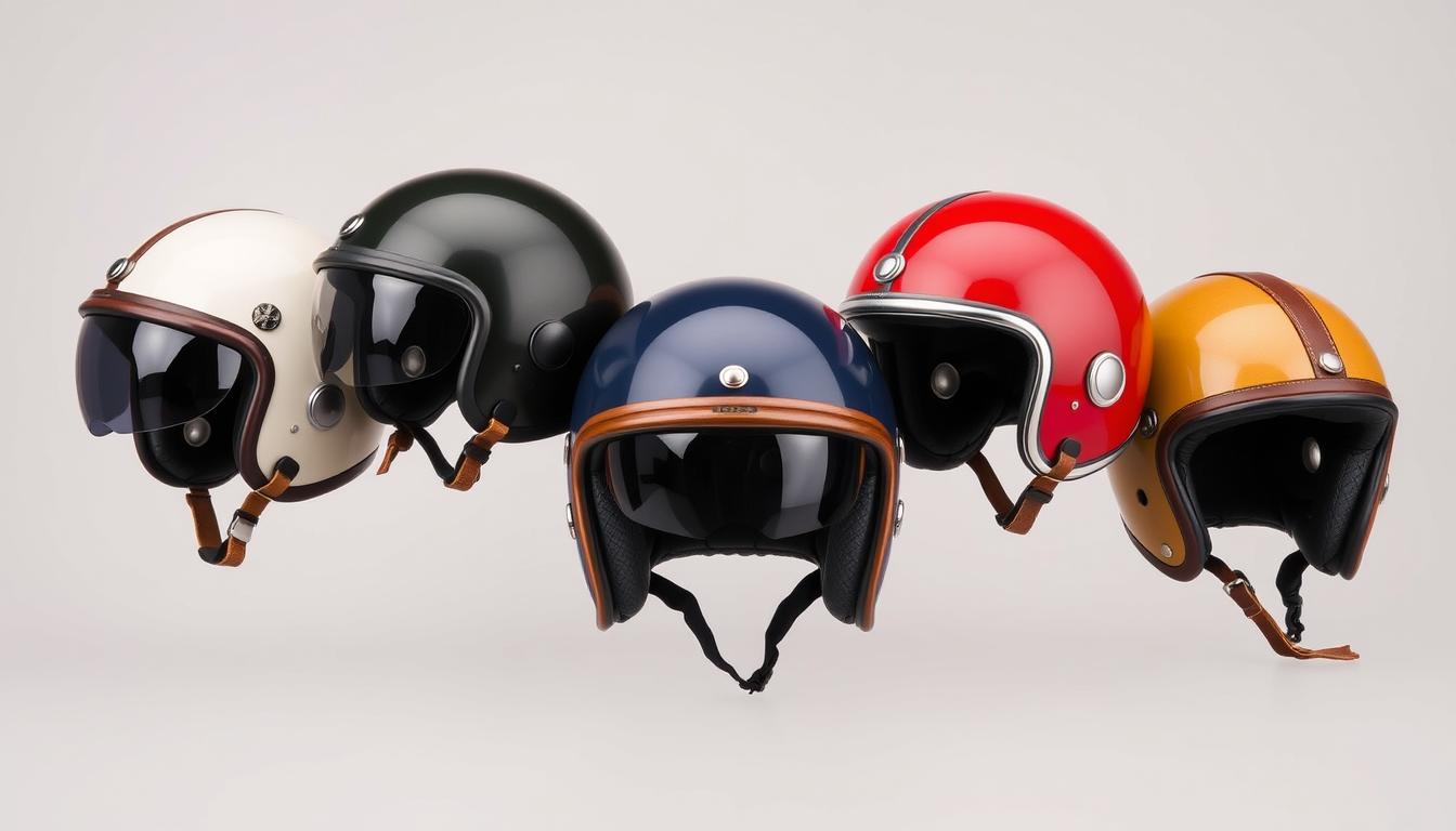 Kolekce nejlepších retro přileb na motorku vystavených vedle sebe