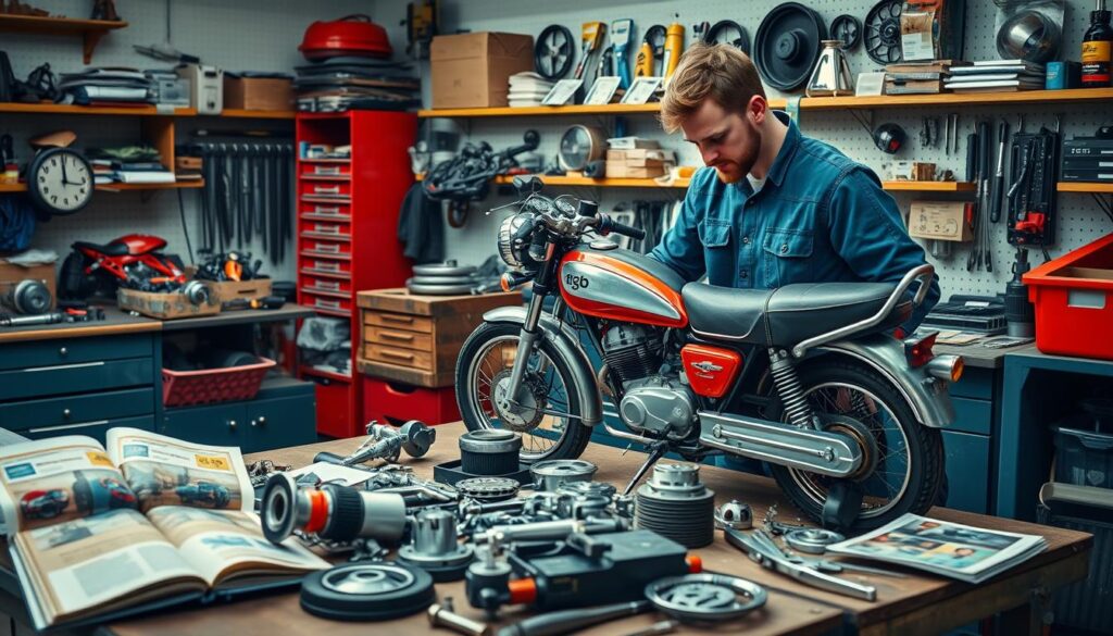 Mechanik vybírající náhradní díly pro retro motorku 125 Mechanik vybírající náhradní díly pro retro motorku 125