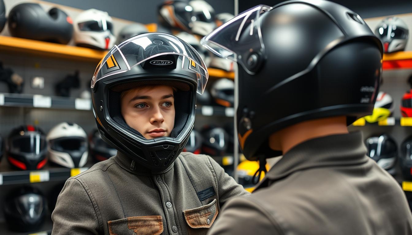 Mladý motorkář zkoušející helmu v obchodě, nejlepší moto přilby pro mladé řidiče