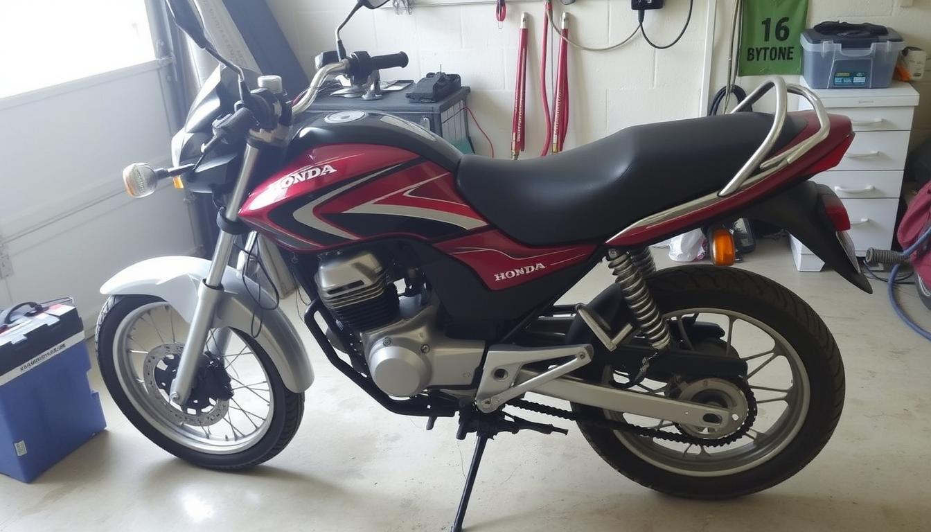 Motorka Honda CB125R zaparkovaná v garáži, připravená na občasné ježdění