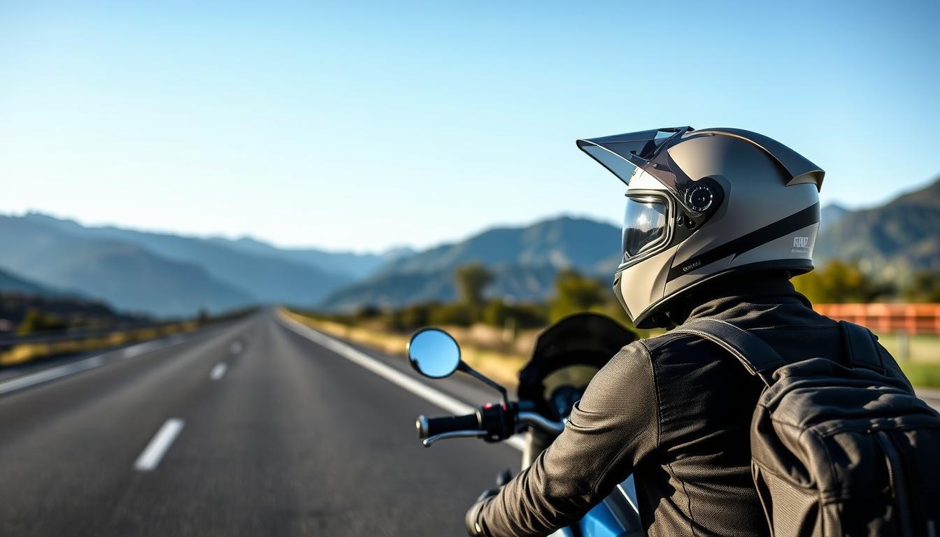 Motorkář s cestovní přilbou na dálnici