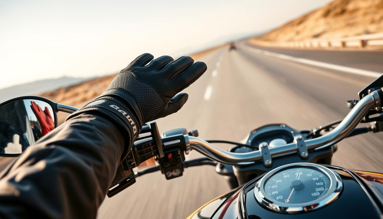 Motorkář s rukavicemi na dlouhé trase nad 500 km