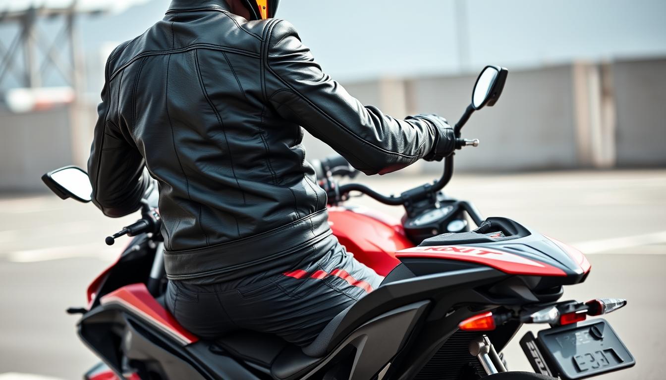 Motorkář v bundě a kombinéze na sportovní motorce