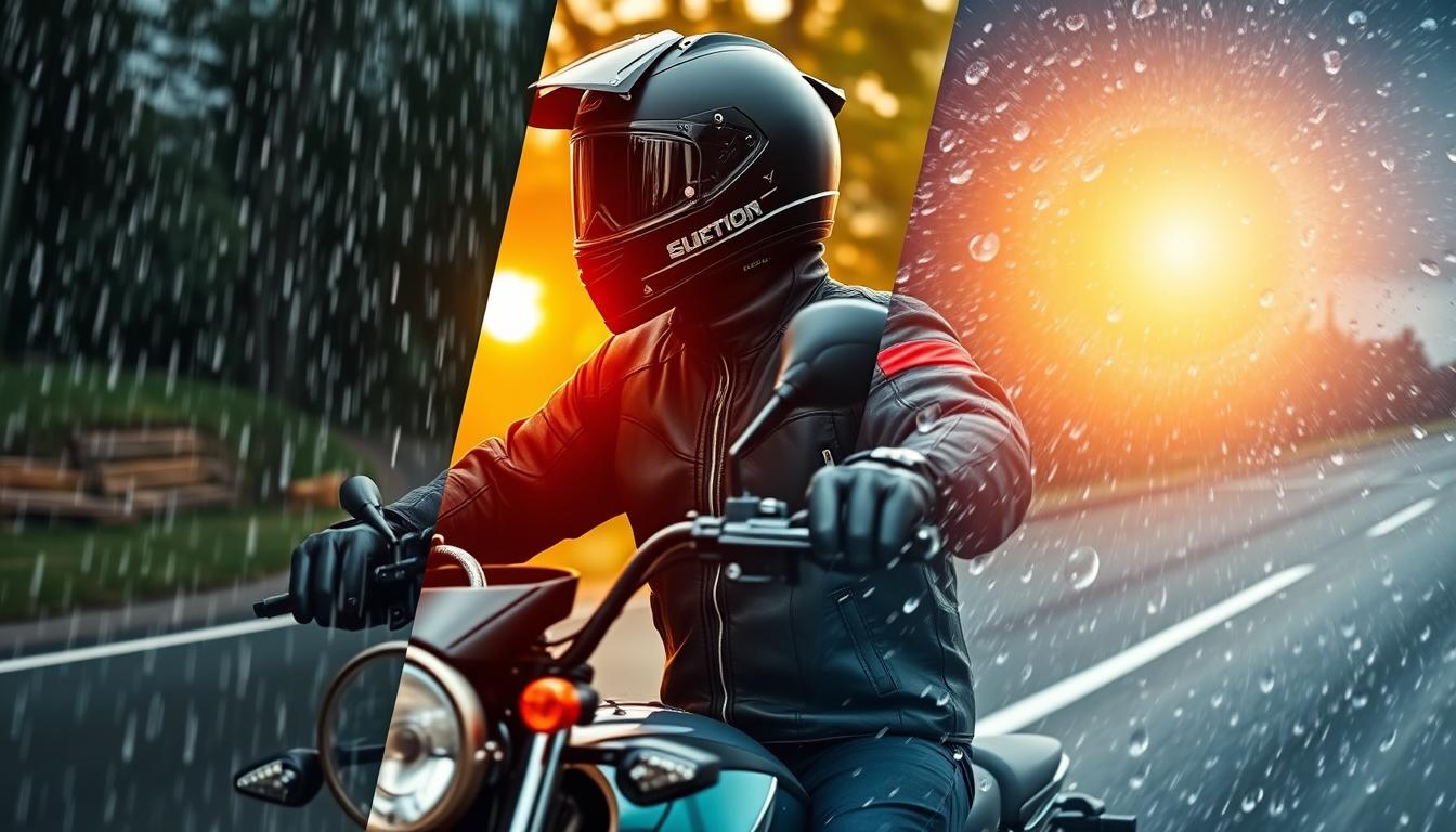 Motorkář v celoroční bundě za různých povětrnostních podmínek