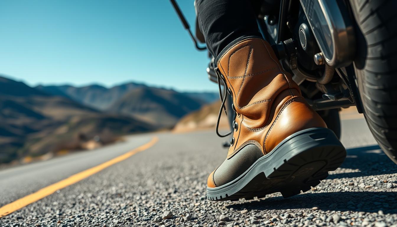Motorkář v cestovních botách na dlouhé cestě