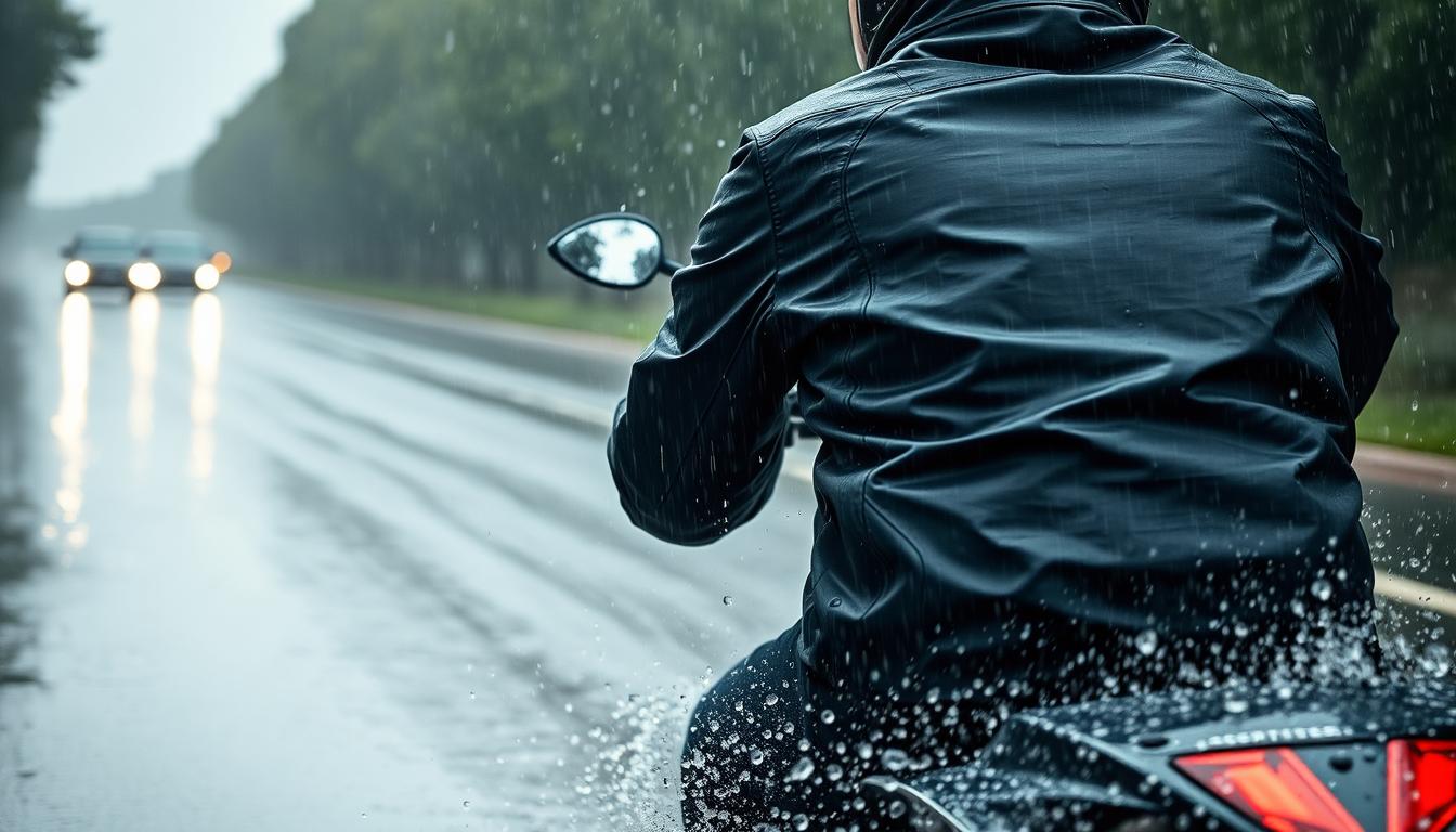 Motorkář v nepromokavé bundě jedoucí v dešti