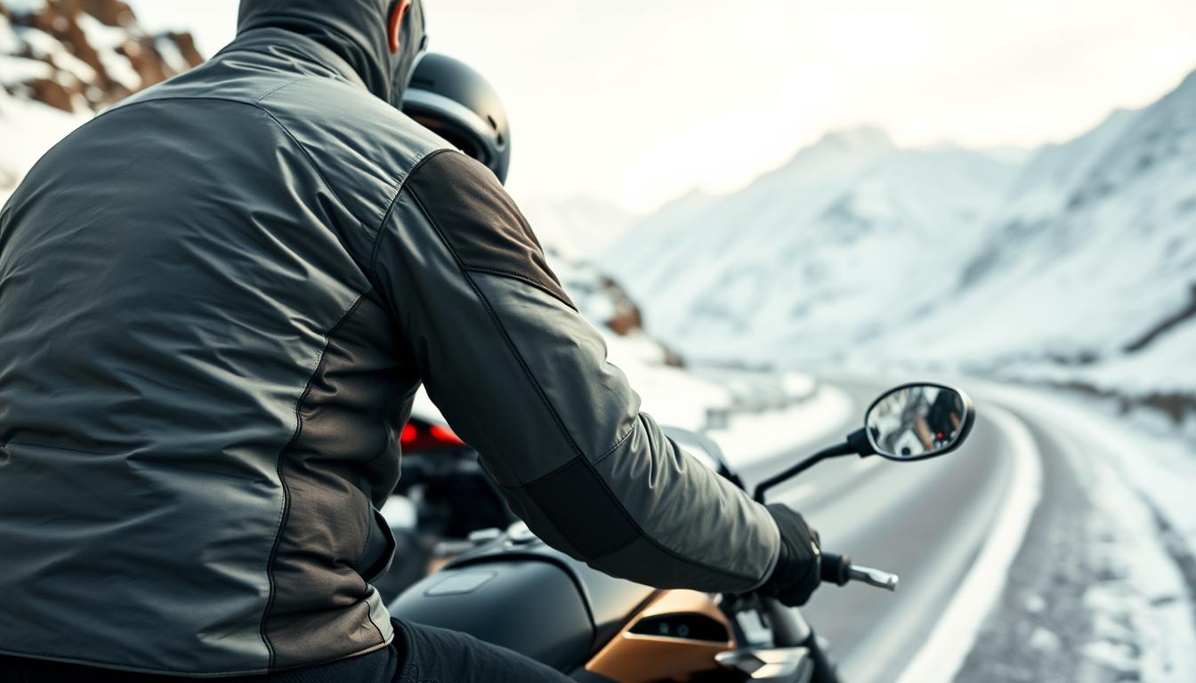 Motorkář v zimní bundě na zasněžené silnici, nejlepší moto bundy pro zimní období