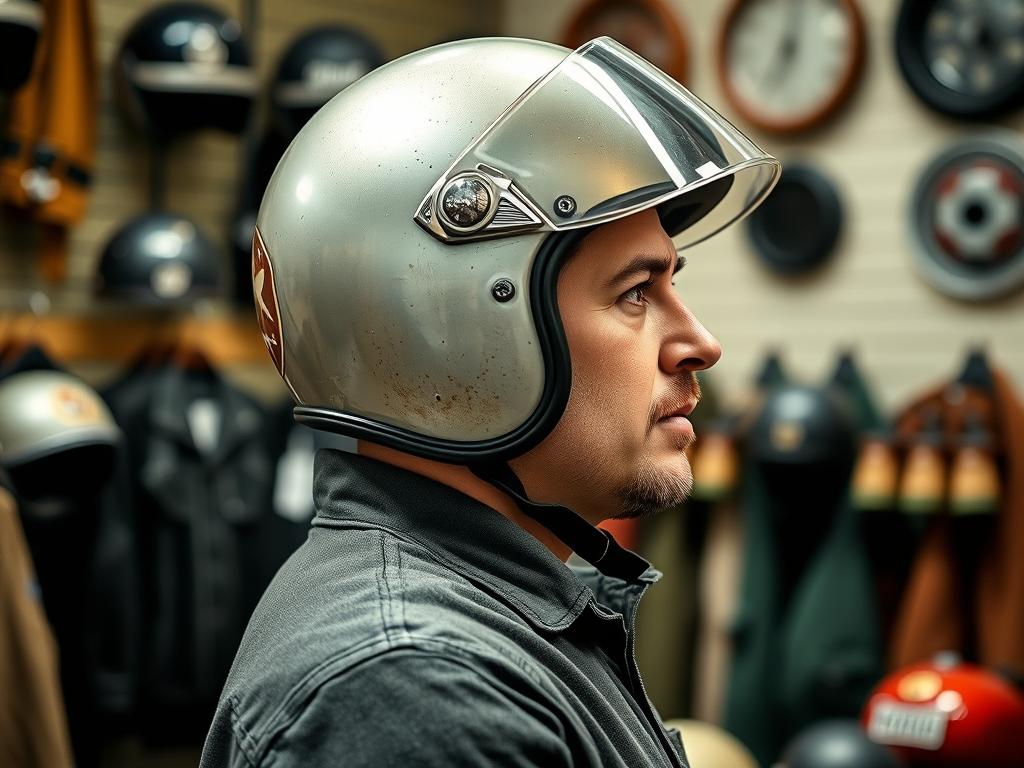 Muž zkoušející retro motocyklovou přilbu