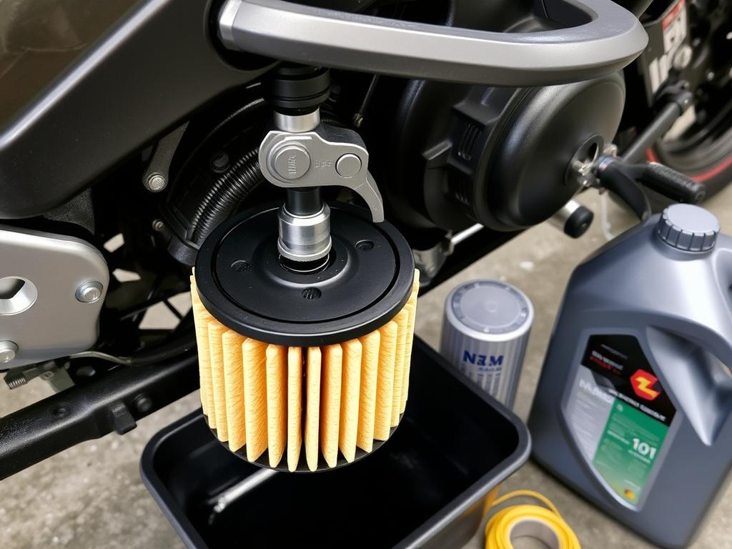 Olejový filtr a nástroje na výměnu oleje u motorky