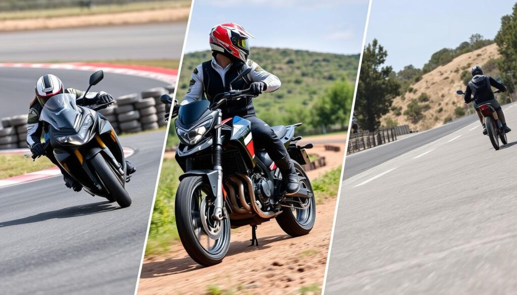 Různé styly jízdy na motorce vyžadující odlišné typy moto chráničů páteře