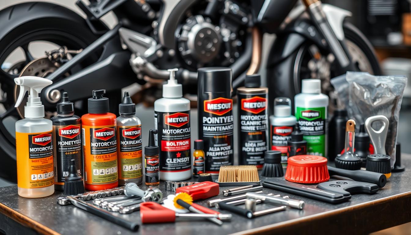 Sada nářadí a příslušenství do údržby motorek rozložená na pracovním stole