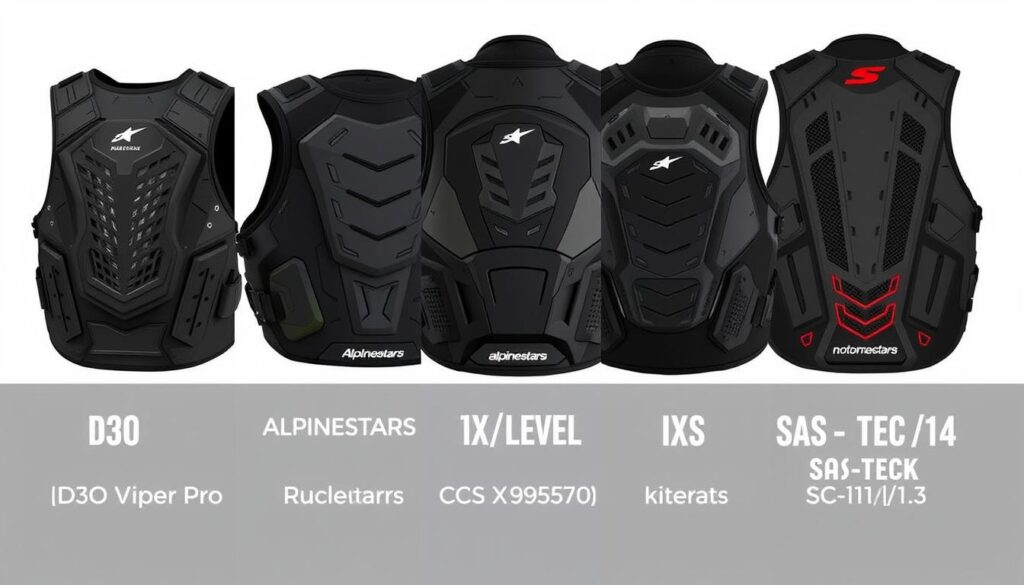 Srovnání všech pěti moto chráničů páteře vedle sebe
