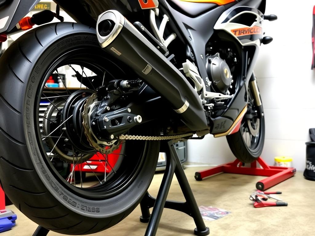 Stojan na motorku s motocyklem připraveným na údržbu