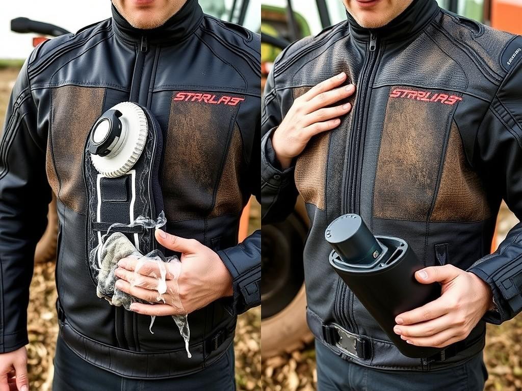 Údržba moto bundy po práci v prašném prostředí kombajnu