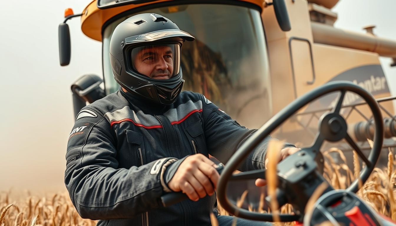 Zemědělec v moto bundě pracující s kombajnem v prašném prostředí